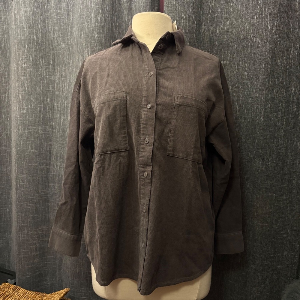 NWT H&M Divided Corduroy Button Down Shirt Grey Oversized Shacket (Women's‎ XS)